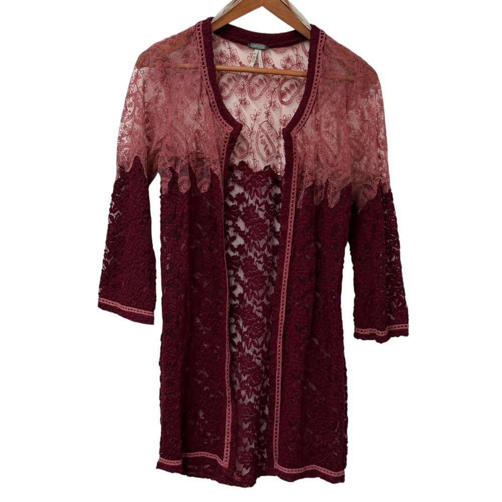 BKE Gimmicks Sheer Kimono‎ Boho Chic Burgundy Lace Whimsigoth Fairy Womens M